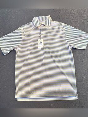 Donald Ross Men’s blue yellow striped performance golf polo Shirt size S BNWT
